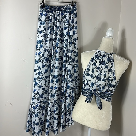 Show Me Your Mumu Blue Floral Salsa Casablanca Selena Maxi Skirt Crop Top Set XS - Picture 7 of 16